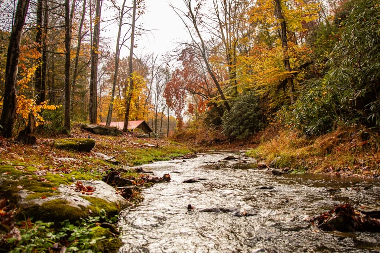Stream beside the tent pavilion in autumn – Tent Pavilion at The Outpost NRG
