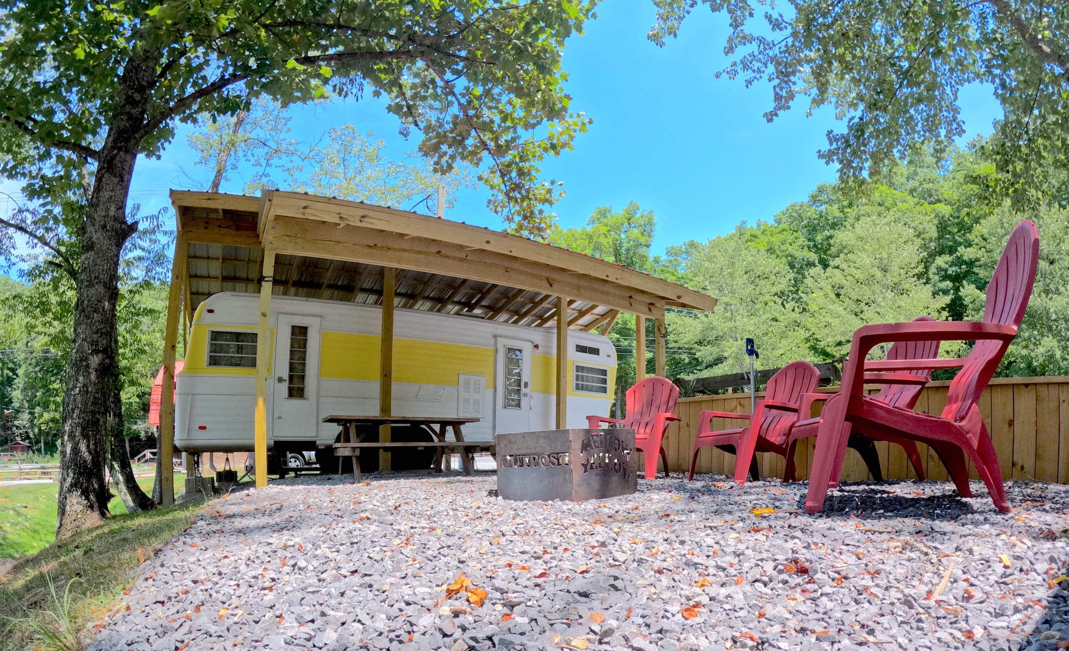 Mellow Yellow vintage camper exterior – Mellow Yellow Vintage Camper at The Outpost NRG